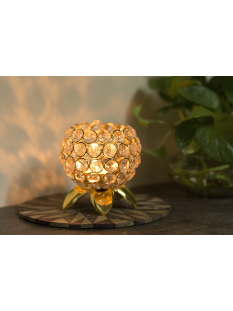 

Fashion Bizz Gold-Toned Leaf White Crystal Studded T-Light Candle Holder