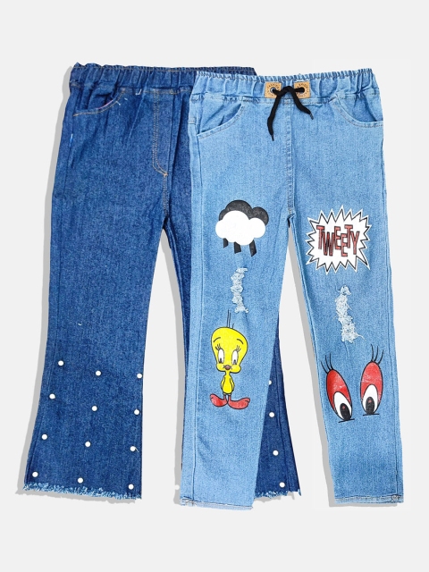 

PINVE 2 Girls Blue Narrow Slim Fit Mildly Distressed Printed Stretchable Jeans