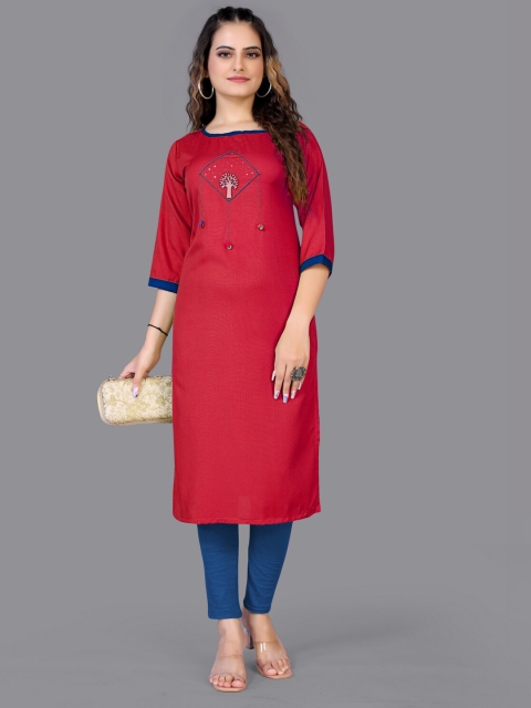 

Fashion FRICKS Pink Ethnic Motifs Embroidered Boat Neck Sequinned Kurti