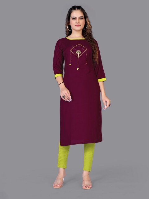 

Fashion FRICKS Maroon & Green Solid Straight Kurta