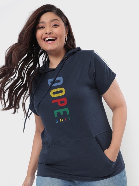 

Bewakoof Plus Plus Size Women Blue Printed Hooded Sweatshirt