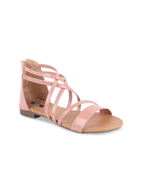 

Stylestry Women Pink Solid Synthetic Patent Lace-Ups Open Toe Flats