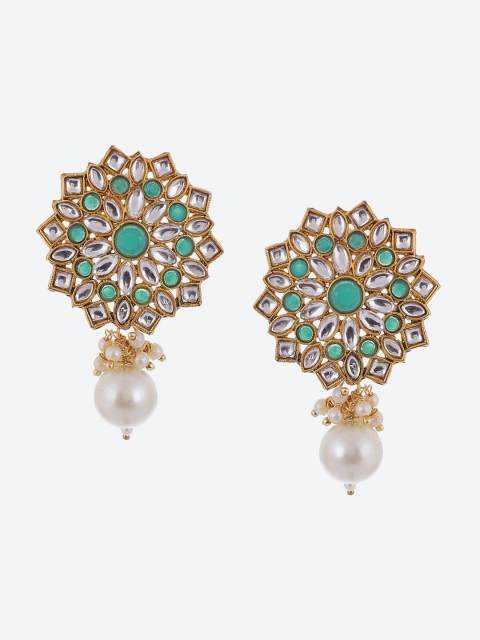 

Rangriti Green & White Contemporary Stone-Studded Drop Earrings