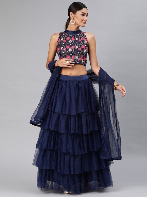 

Fabcartz Navy Blue & Gold-Toned Embroidered Semi-Stitched Lehenga & Unstitched Blouse With Dupatta