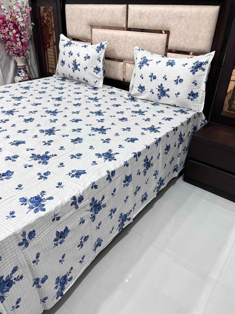 

Pure Decor Adults Grey & Blue Floral 400 TC King Superfine Bedsheet with 2 Pillow Covers