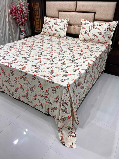 

Pure Decor Yellow & Orange Floral 400 TC King Bedsheet with 2 Pillow Covers, White