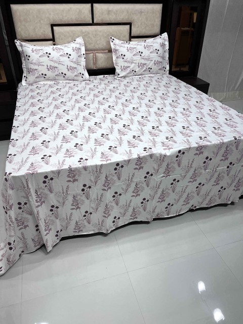 

Pure Decor Cream-Coloured & Purple Floral 400 TC King Bedsheet with 2 Pillow Covers