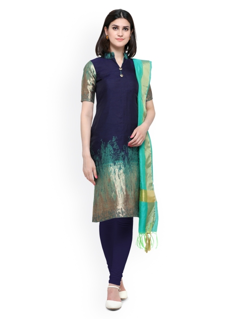 

Inddus Navy Blue & Green Banarasi Cotton Blend Unstitched Dress Material