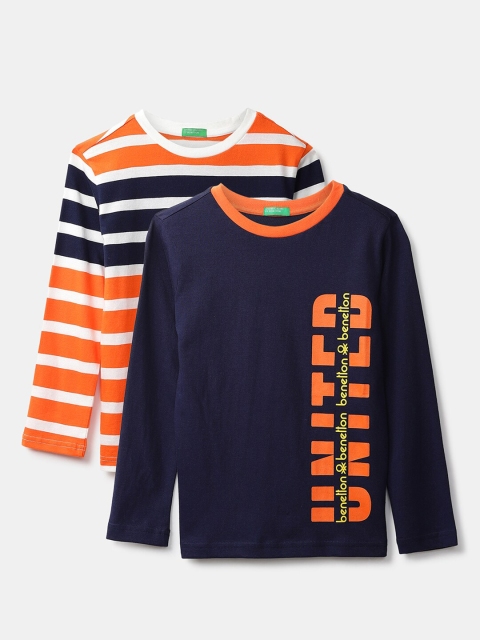 

United Colors of Benetton Boys Pack Of 2 Navy Blue & Orange Striped T-shirt