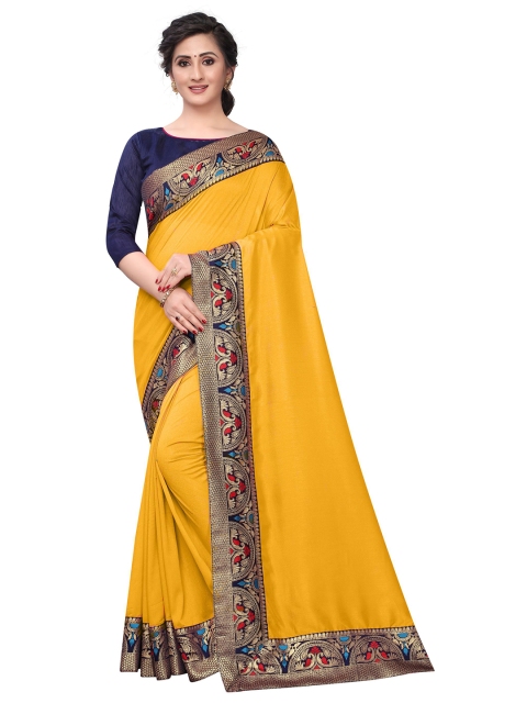 

B4ME COM Yellow & Navy Blue Zari Silk Cotton Mysore Silk Saree