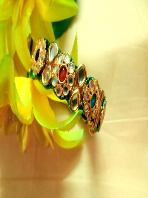 

Runjhun Women White & Green Gold-Plated Stone Studded Kada Bracelet