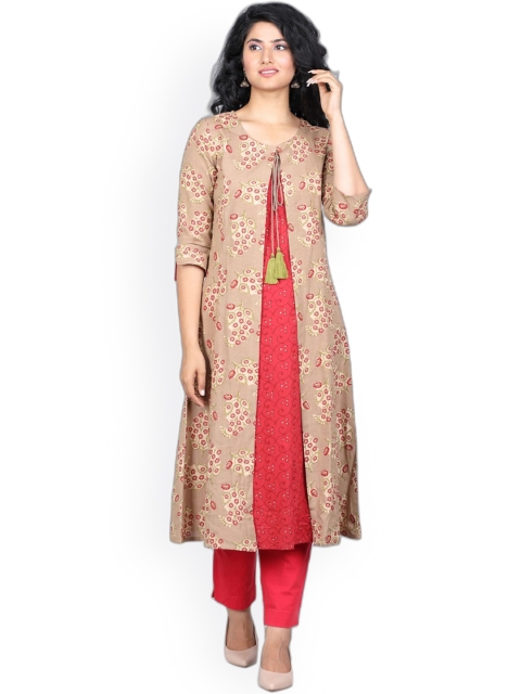 

SUTI Women Peach & Beige Ethnic Motifs Printed Kurta