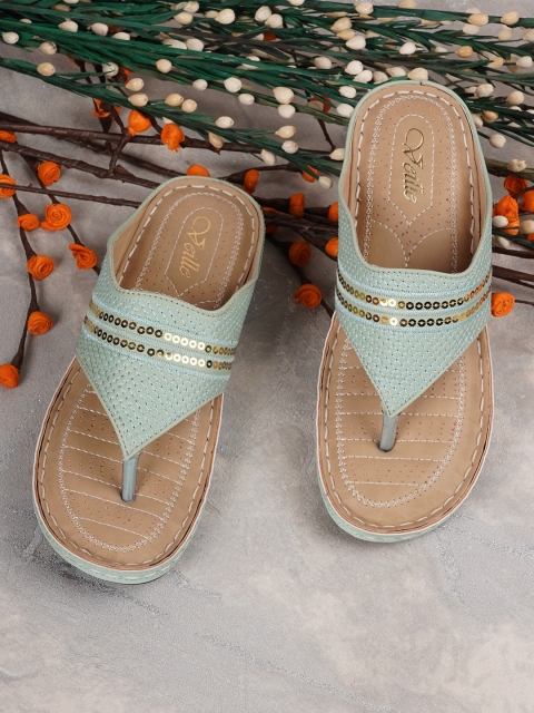 

VEILLE Women Sea Green & Beige PU Flatform Sandals