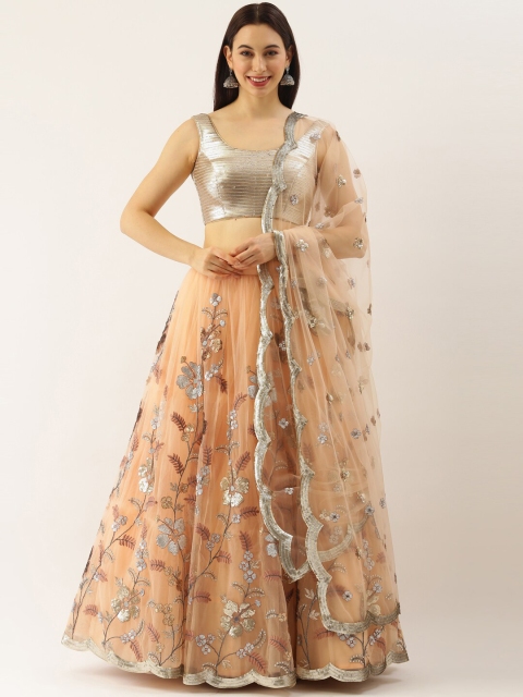 

panchhi Peach-Coloured & Silver-Toned Embellished Sequinned Semi-Stitched Lehenga & Unstitched Blouse With