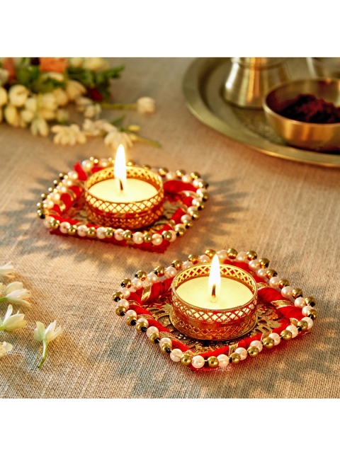 

Home Centre Set Of 2 Gold-Toned & Red Embellished Pearl Square Terracotta Diya