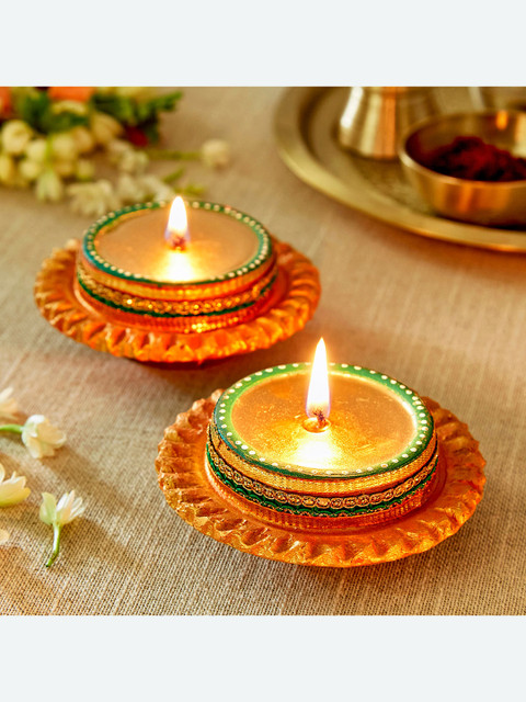 

Home Centre Set Of 2 Gold-Toned & Brown Embellished Terracotta Clay Diya