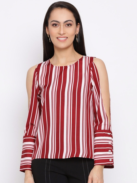 

DRAAX Fashions Women Maroon & White Striped Regular Long Sleeves Polyester Top