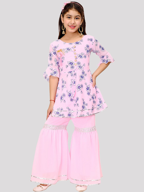 

FNOCKS Girls Pink Floral Printed Kurta with Sharara