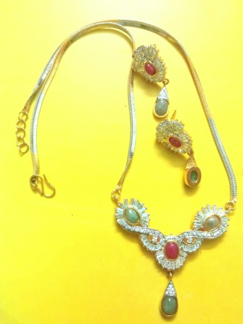 

Runjhun Gold-Plated & Multicolored CZ Stone-Studded Pendant Set