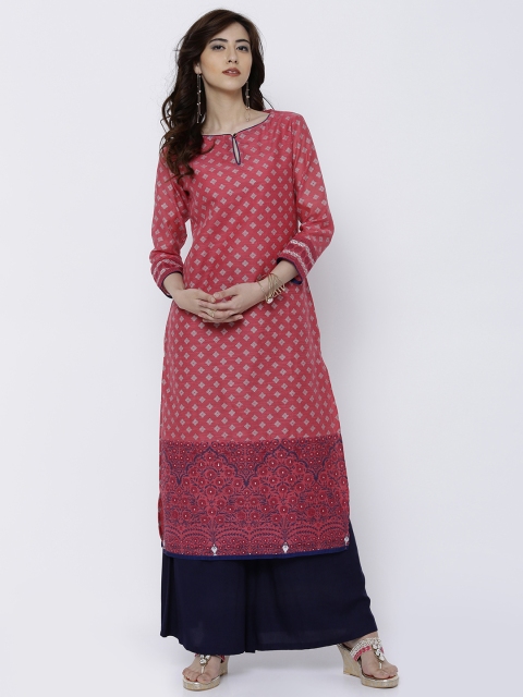 

Vishudh Women Coral Pink Woven Design Straight Kurta