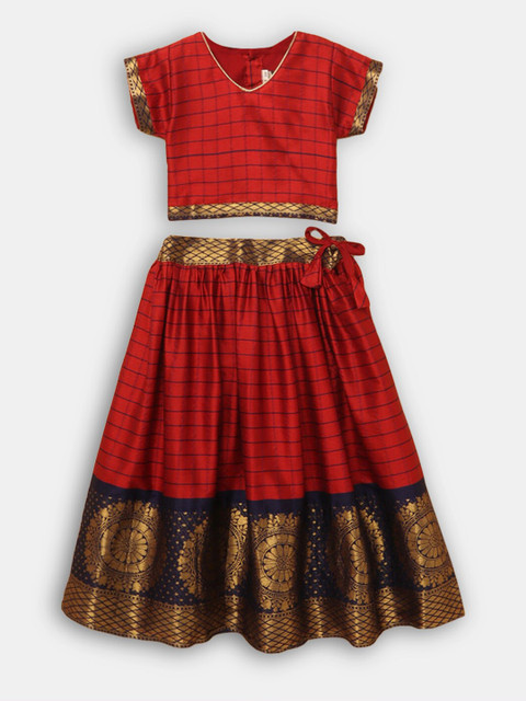 

Hopscotch Girls Red & Navy Blue Printed Ready to Wear Lehenga &