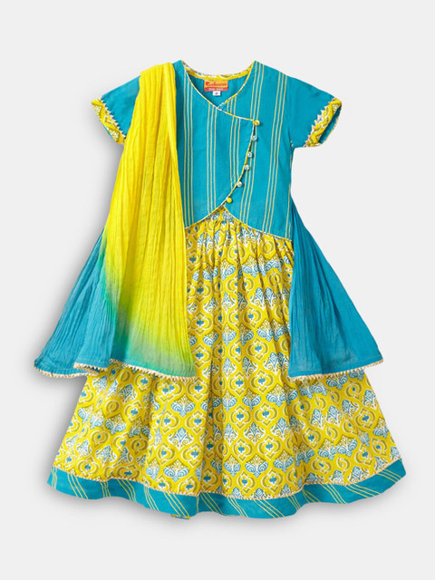 

Hopscotch Girls Blue & Yellow Printed Ready to Wear Lehenga & Blouse With Dupatta