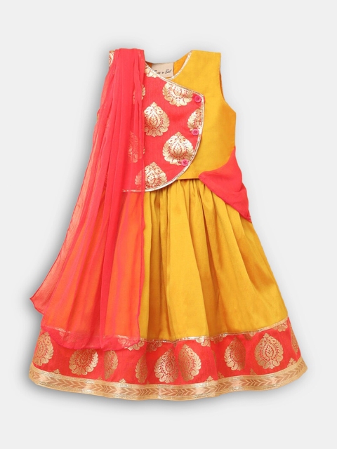 

Hopscotch Girls Yellow & Red Printed Ready to Wear Lehenga & Blouse With Dupatta