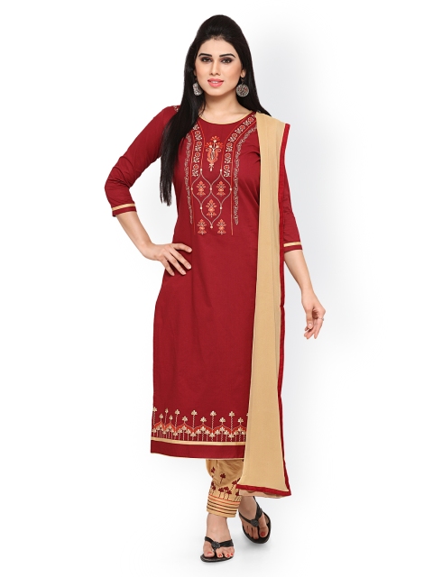 

Kvsfab Maroon & Beige Pure Cotton Unstitched Dress Material