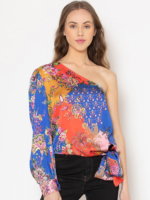 

SHAYE Women Blue & Orange Floral Print One Shoulder Top