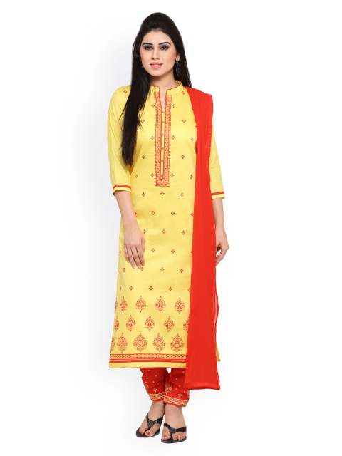 

Kvsfab Yellow & Red Cotton Blend Unstitched Dress Material