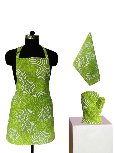 

Lushomes Pack of 3 Green & White Printed Kitchen Apron Set