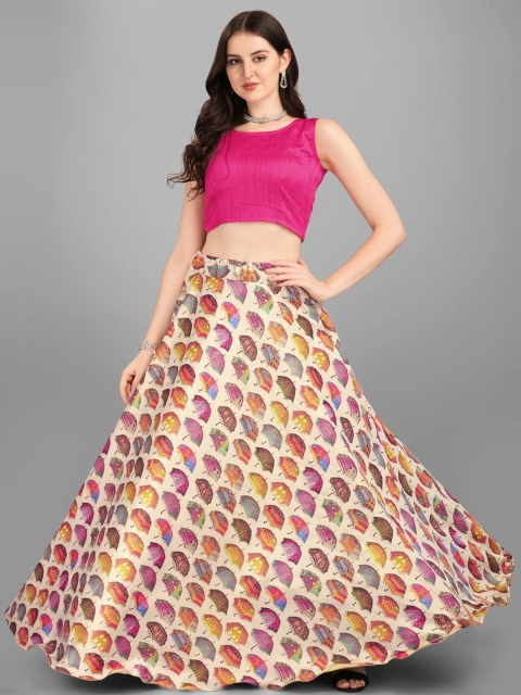 

Fashionuma Pink & Green Printed Semi-Stitched Lehenga & Unstitched Choli