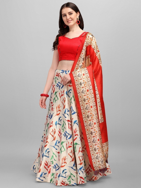 

Fashionuma White & Green Printed Semi-Stitched Lehenga & Unstitched Blouse With Dupatta