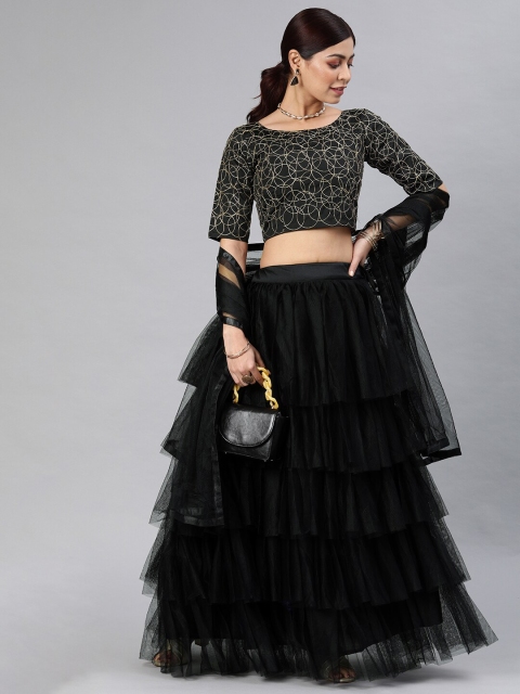 

Fabcartz Women Black & Beige Embroidered Semi-Stitched Lehenga & Unstitched Blouse With Dupatta