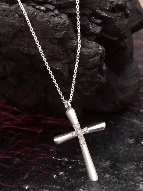 

KUNUZ 925 Women Sterling Silver Silver-Plated White CZ Studded Pendant With Chain