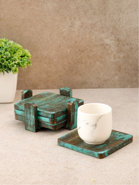 

Unravel India Set of 5 Teal Blue Solid Wood Square Coasters & Base Tray