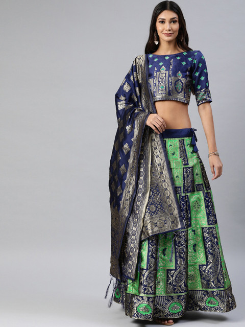 

Fabcartz Lime Green & Navy Blue Semi-Stitched Lehenga & Unstitched Blouse With Dupatta