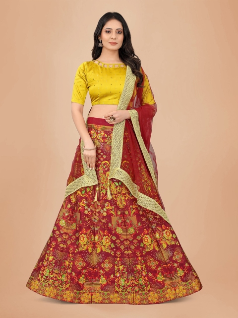

DEETYA ARTS Maroon & Gold-Toned Thread Work Semi-Stitched Lehenga & Unstitched Blouse With Dupatta