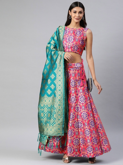 

Fabcartz Pink & Blue Semi-Stitched Lehenga & Unstitched Blouse With Dupatta
