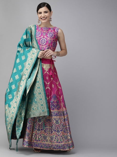 

Fabcartz Pink & Blue Semi-Stitched Lehenga & Unstitched Blouse With Dupatta