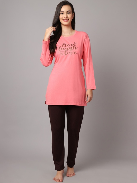 

Kanvin Women Peach-Coloured & Coffee Brown Printed Night suit