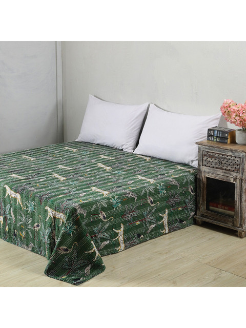 

HANDICRAFT PALACE Green Animal Printed Kantha Embroidered Cotton Double Queen Bed Cover