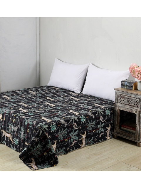 

HANDICRAFT PALACE Black Printed Kantha Embroidered Cotton Double Queen Bed Cover