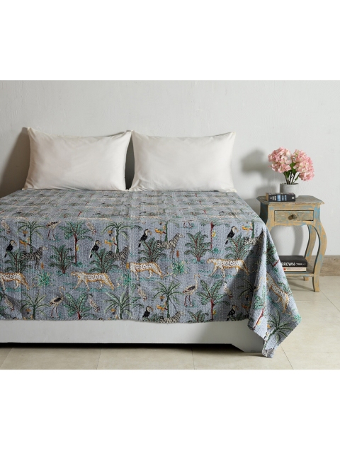 

HANDICRAFT PALACE Grey Animal Printed Kantha Embroidered Cotton Double Queen Bed Cover