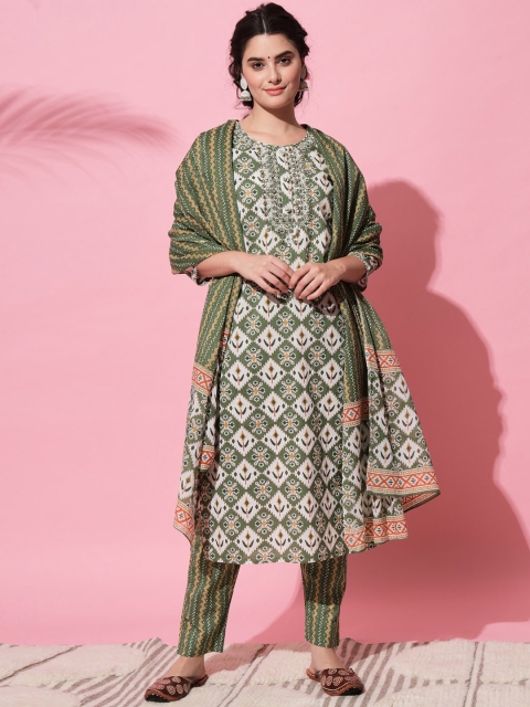 

VAANI CREATION Women Green Ethnic Motifs Printed Mirror Work Pure Cotton Kurta with Trousers & With Dupatta