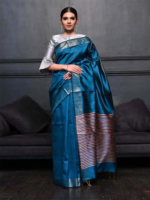

BEATITUDE Blue & Gold-Toned Woven Design Zari Pure Silk Saree
