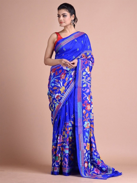

BEATITUDE Blue & Red Floral Kantha Work Pure Silk Saree