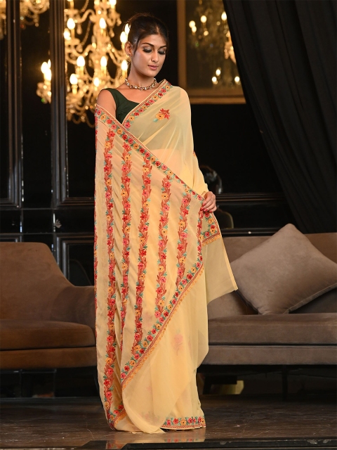

BEATITUDE Brown & Red Floral Hand Embroidered Kashmiri Saree