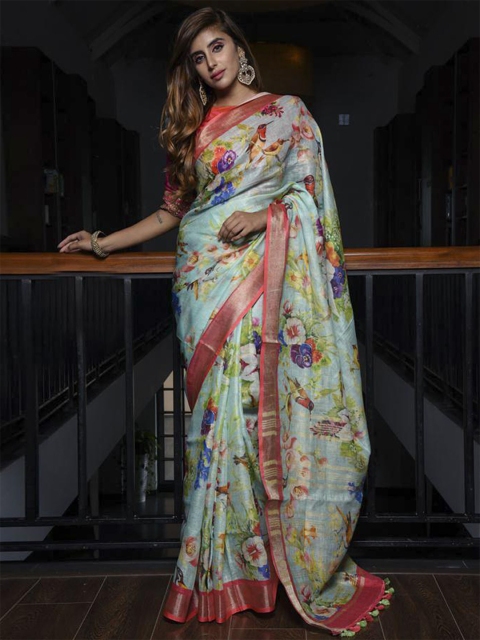 

BEATITUDE Blue & Red Floral Zari Pure Linen Saree