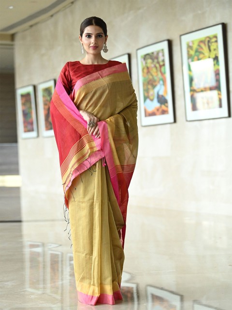 

BEATITUDE Yellow & Red Woven Design Cotton Blended Saree